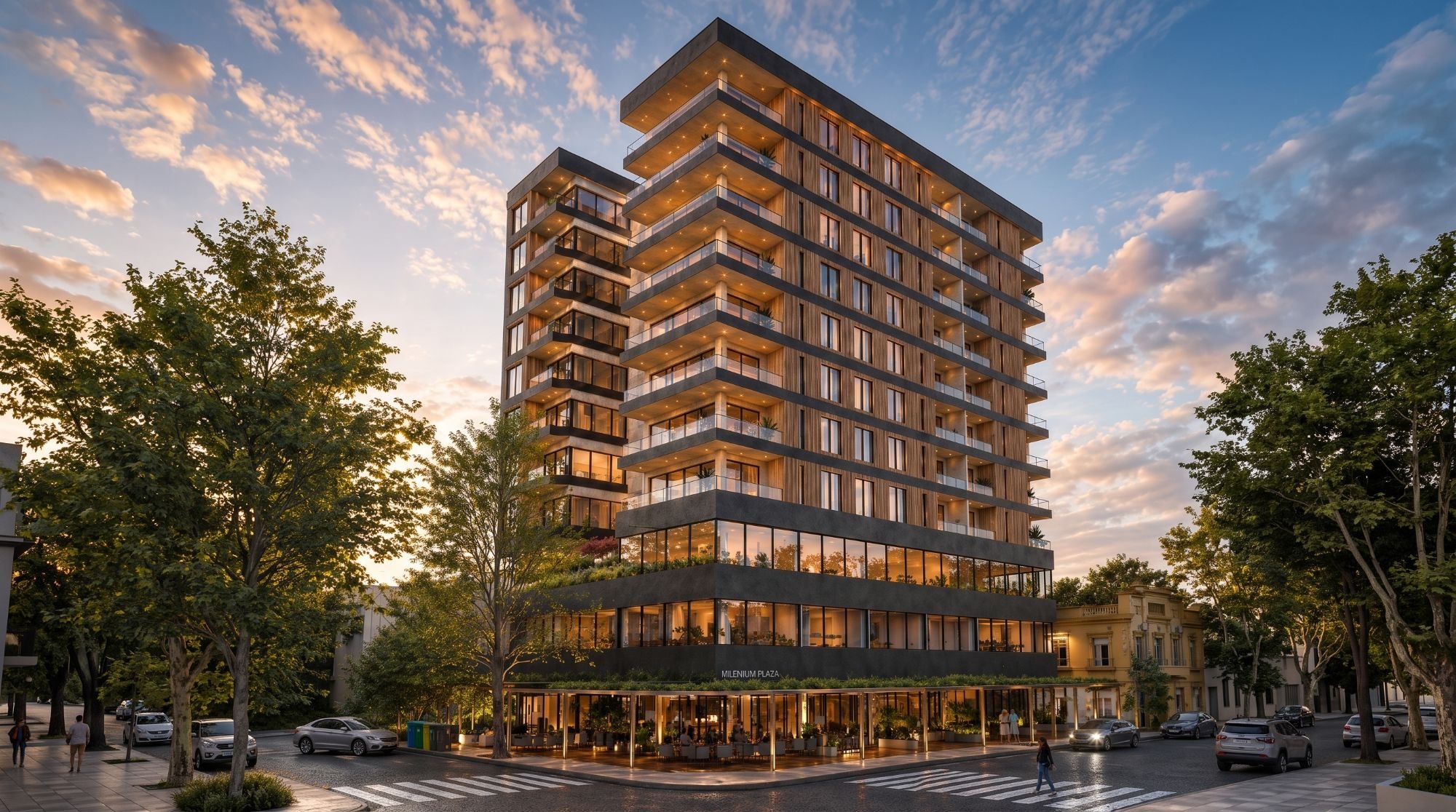 Render de Milenium Plaza en la esquina, con locales en planta baja y balcones sobre la plaza
