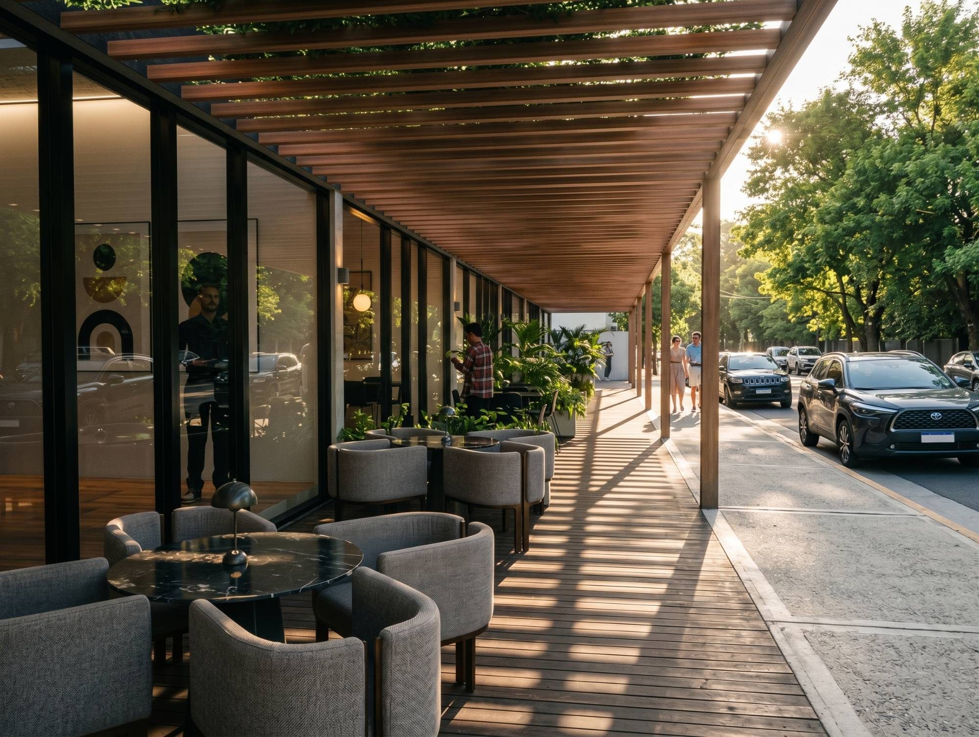 Galería bajo la pérgola con mesas frente a los locales