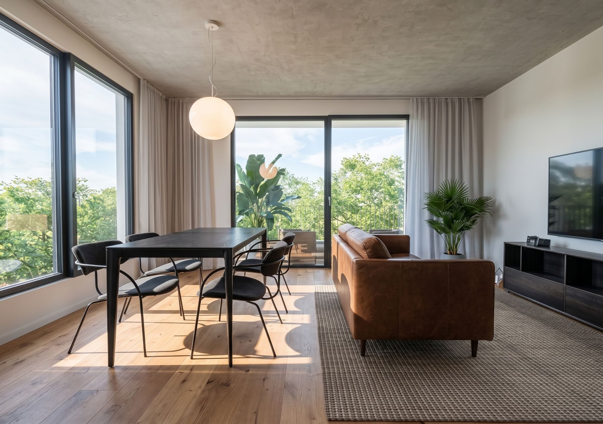 Living comedor con ventanales y balcón hacia los árboles de la plaza
