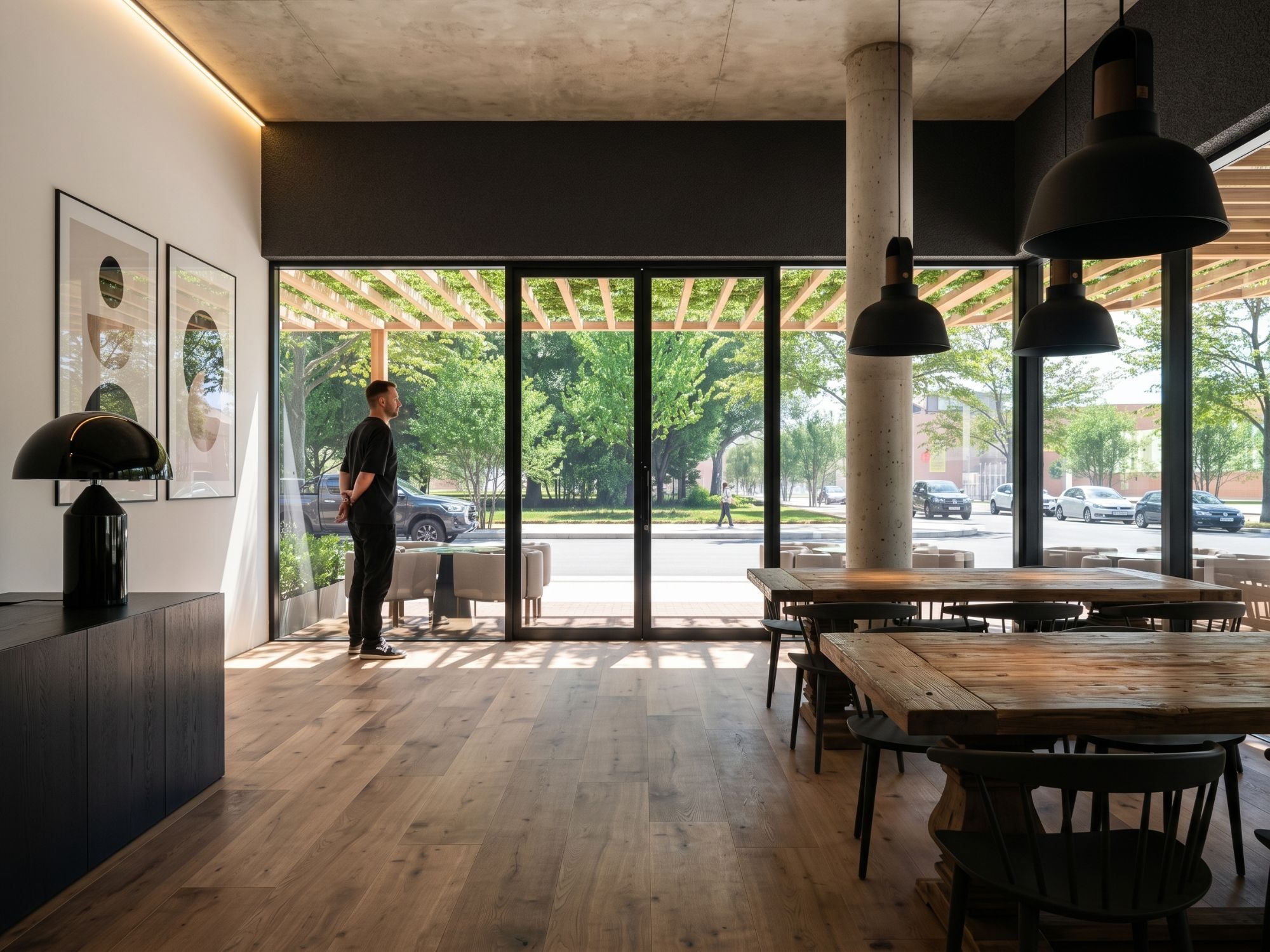 Salón con mesas de madera y ventanales